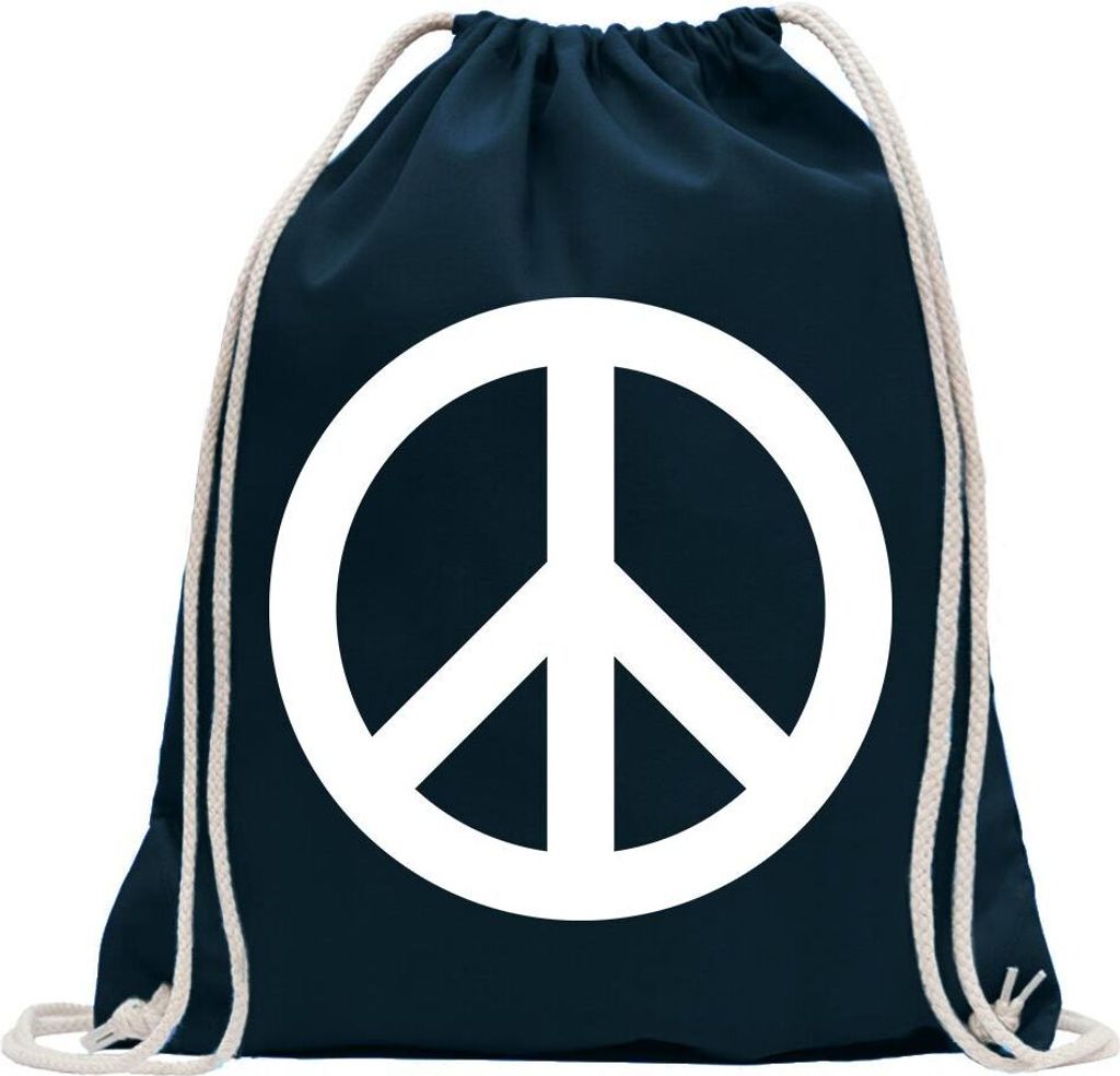 Kiwistar - Turnbeutel - dunkelblau - Peace - Fun Rucksack Sport Beutel Gymsack Baumwolle mit Ziehgurt