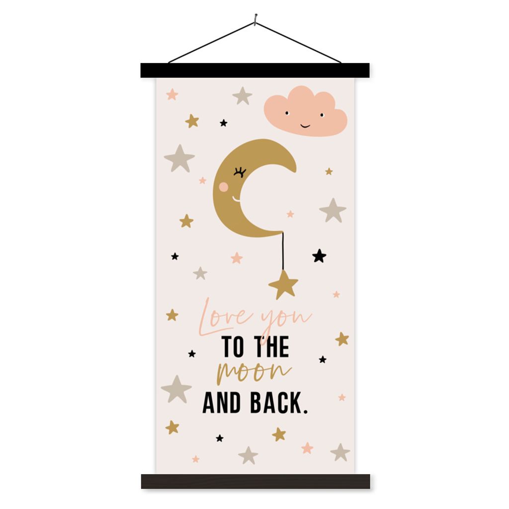 MuchoWow Textilposter Zitate - Liebe dich bis zum Mond und zurück - Kinder - Sprichwörter - Kinder - Baby - Mädchen 60x120 cm mit schwarzem Ra...