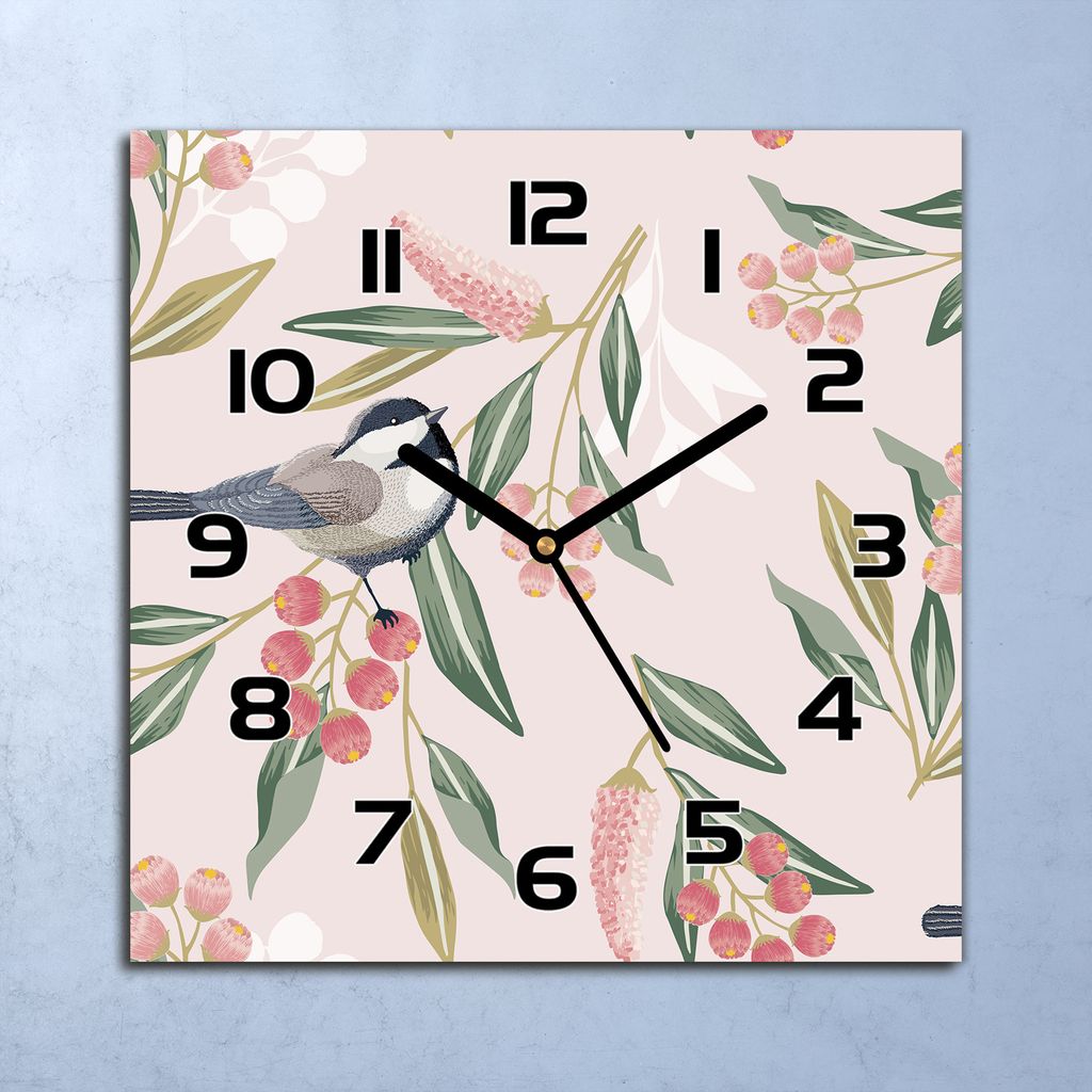 Wanduhr Echt-Glas-Küchenuhr Vögel mit Pflanzen Quarz 30x30 Produktbild 