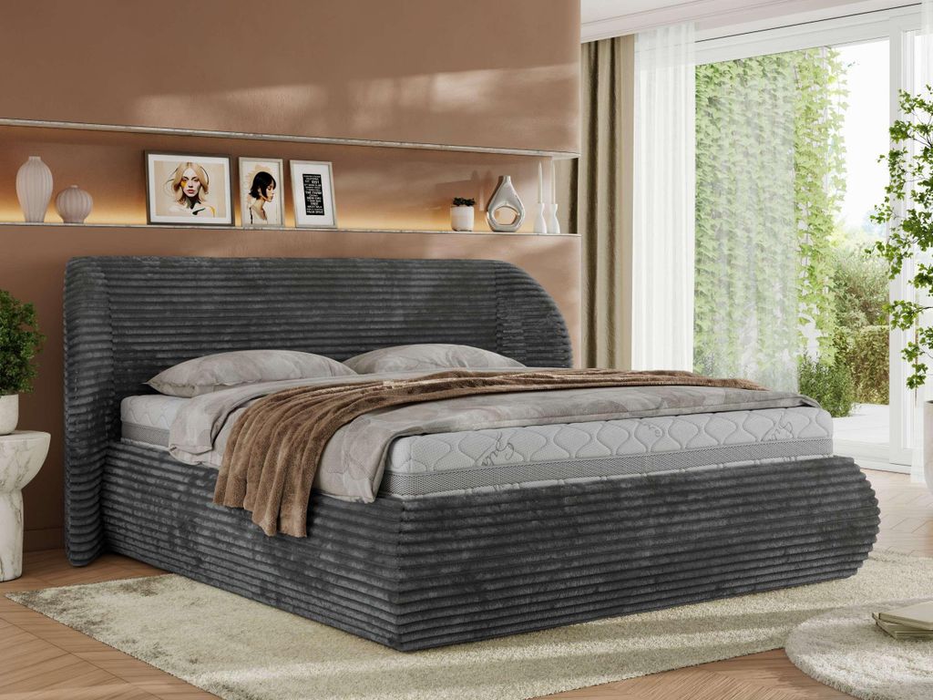 MKS MEBLE Polsterbett mit Bettkasten CAELA CLASSIC Bett mit Stauraum und Gasdruckfeder Doppelbett Foam Matratze MIRO LUX 160x200 Grau Cord