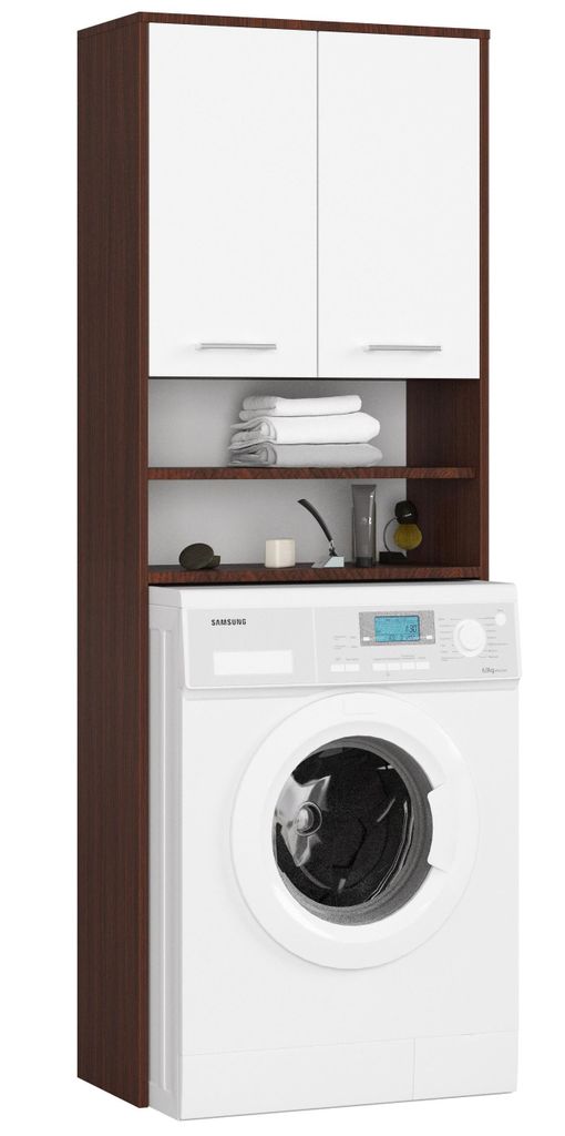 Badschrank – Badezimmerschrank – Badmöbel Schrank – FIN – 64 cm – Dunkelbraun / Weiß – Waschmaschinenüberbau mit Türen und offenen ...