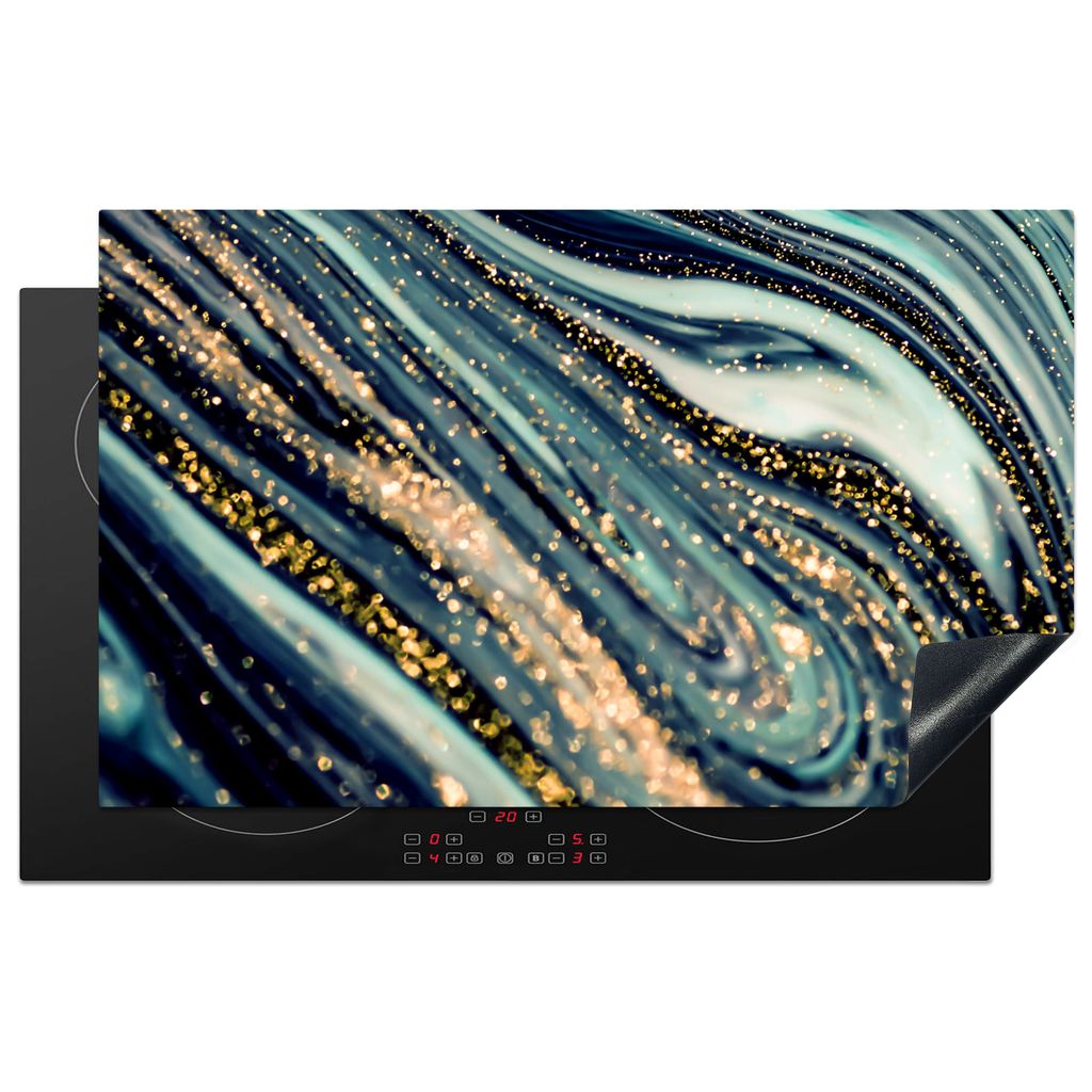 KitchenYeah Herdabdeckplatte Marmor - Gold - Blau - Glitter - Marmoroptik - Abstrakt , 83x51cm, Küche Deko, Glaskeramikkochfeld Herdabdeckung, A...