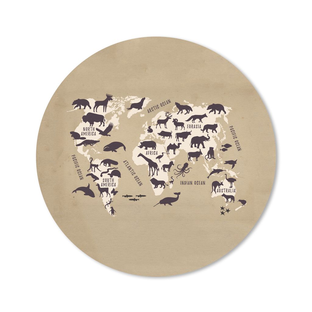 MuchoWow Mauspad Mousepad Weltkarte Kinder - Tiere - Braun 40x40 cm - Mousepads - Maus Mat - Pad - Mausunterlage - Schreibtisch Accessoires