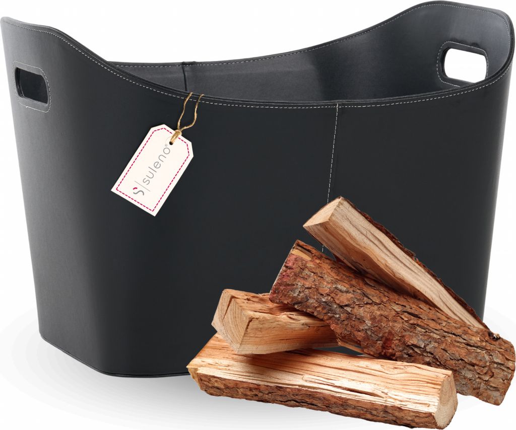 A black leather log basket with a tag and some firewood in front of it.