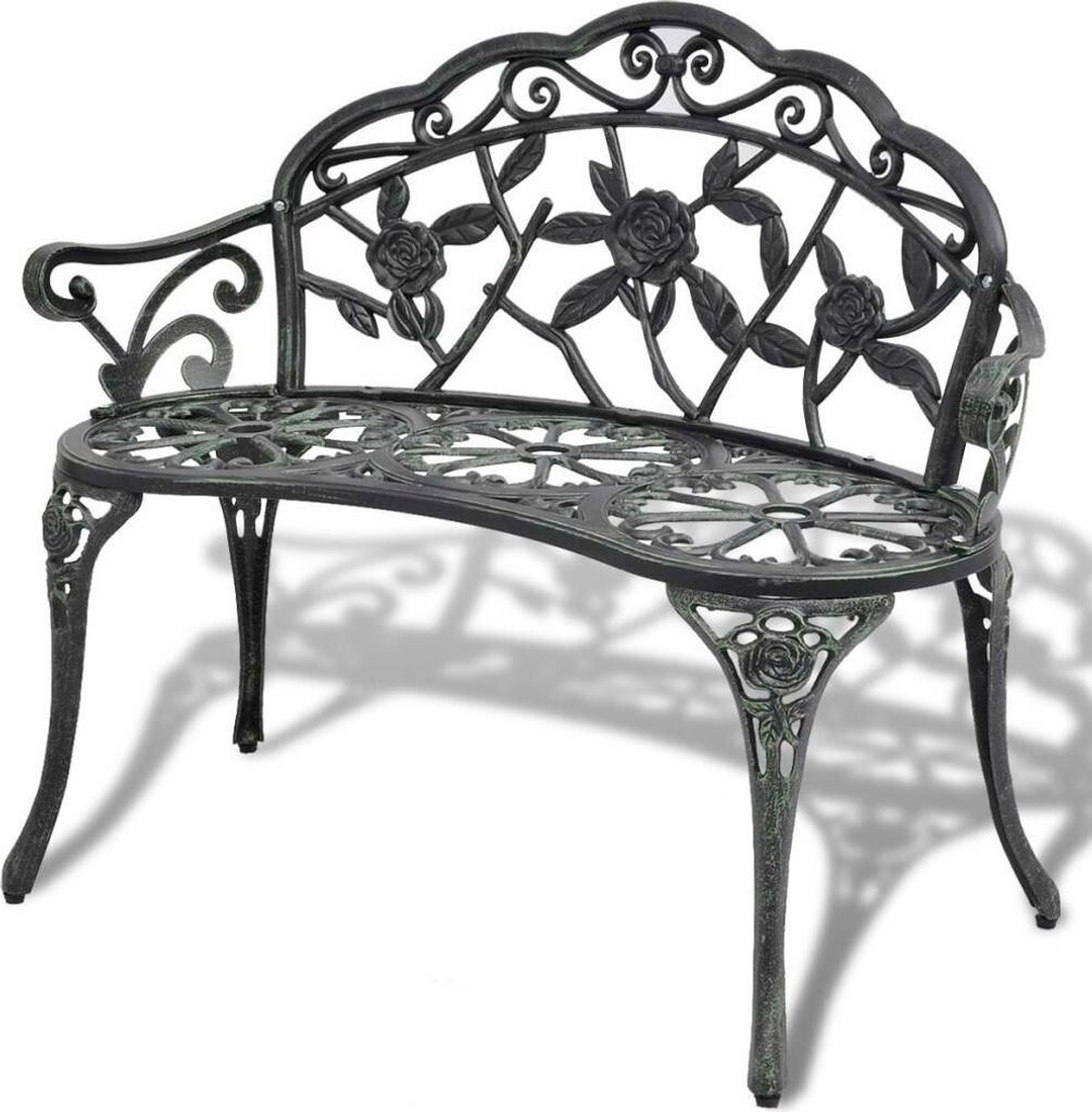 A black cast iron garden bench with ornate rose detailing.