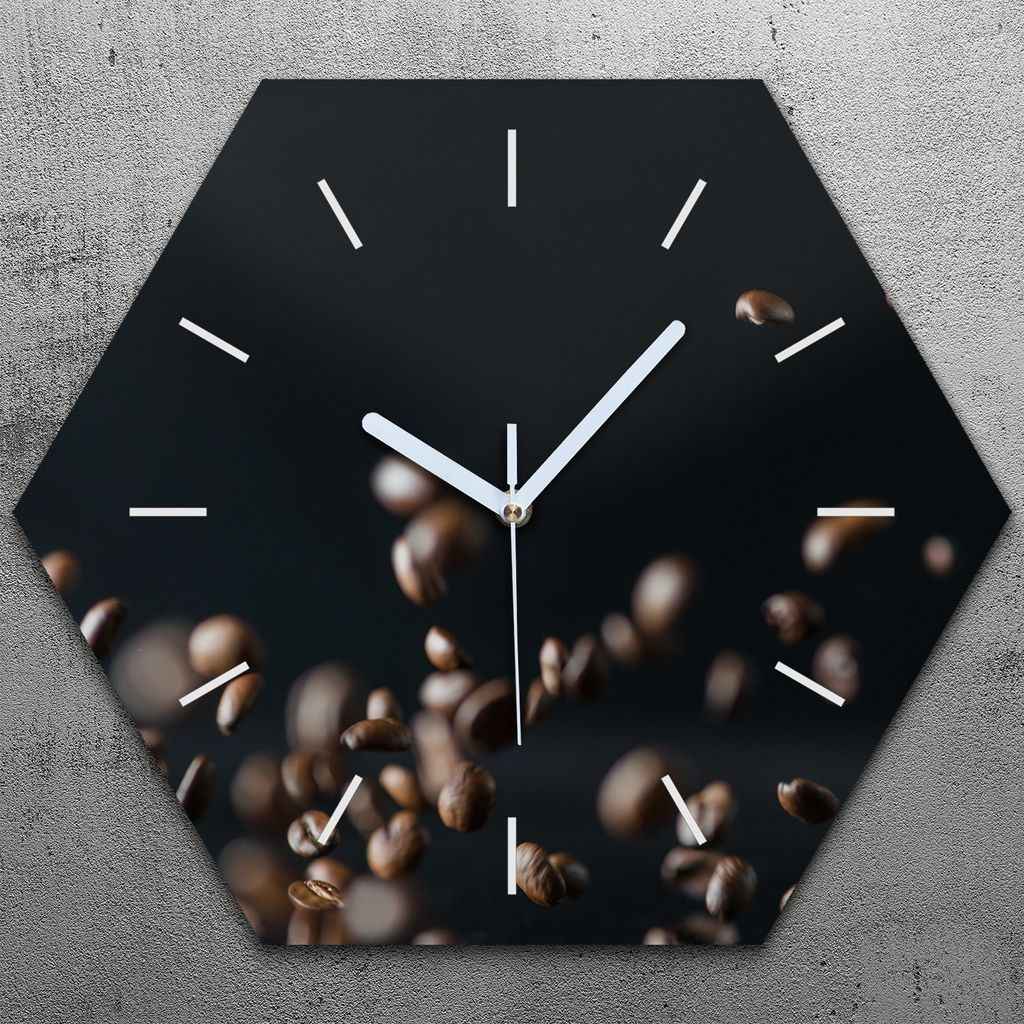 Uhr hexagonal 40 cm Glas Geräuschlos weiße Zeiger - Kaffee Coffee Bohnen