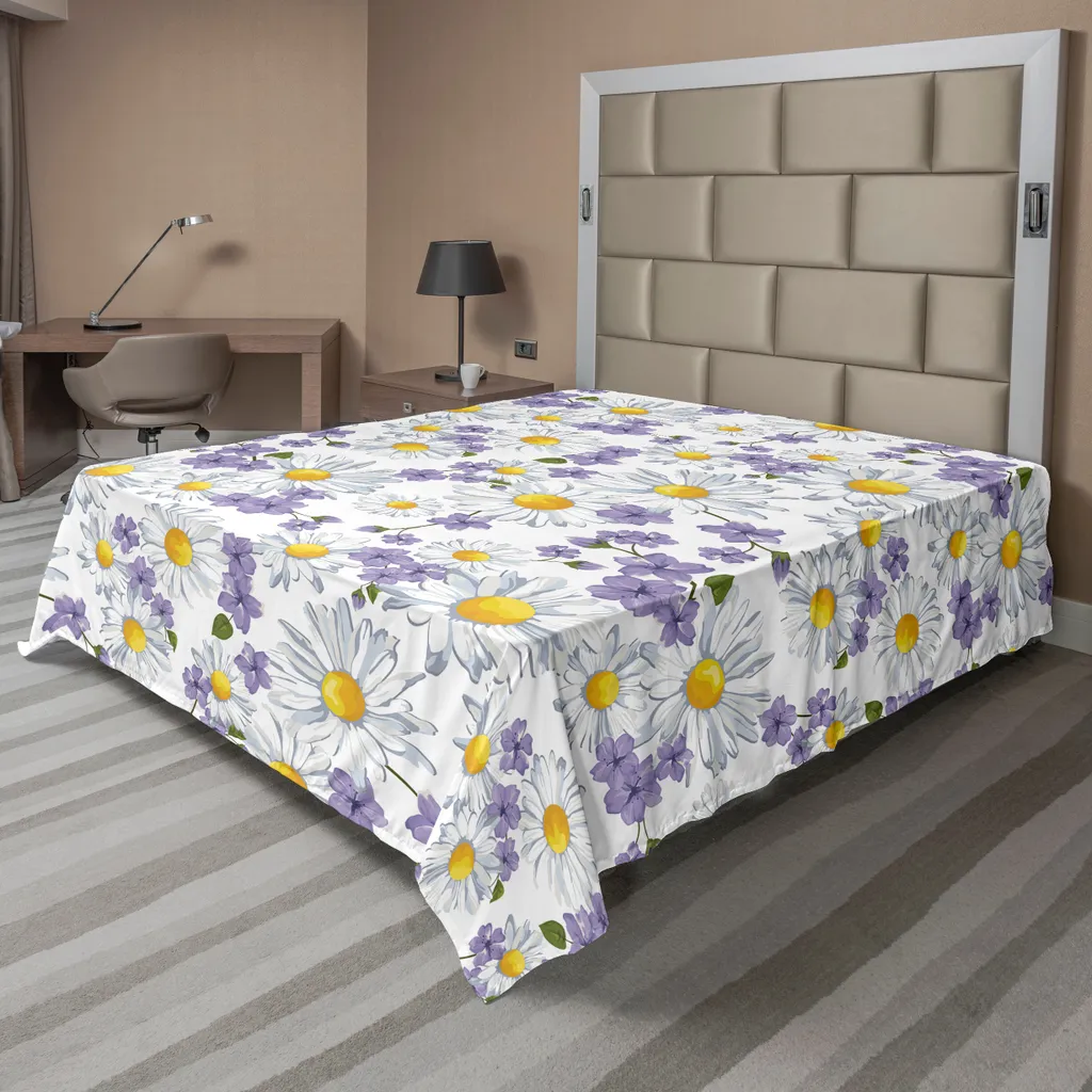 ABAKUHAUS Lenzuolo con fiori, camomilla in fiore, fiori selvatici, sfondo estivo, motivo primaverile naturale, lenzuolo morbido e confortevole per un letto decorativo, 1 pezzo, 244 cm x 205 cm, bianco, giallo, viola