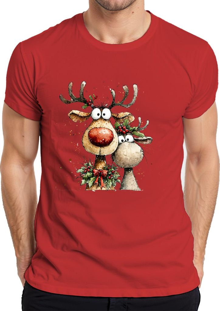 Lustige Rentiere Rotnase Weihnachten Geschenk Aquarell Niedlich Herren T-Shirt, Rot, M
