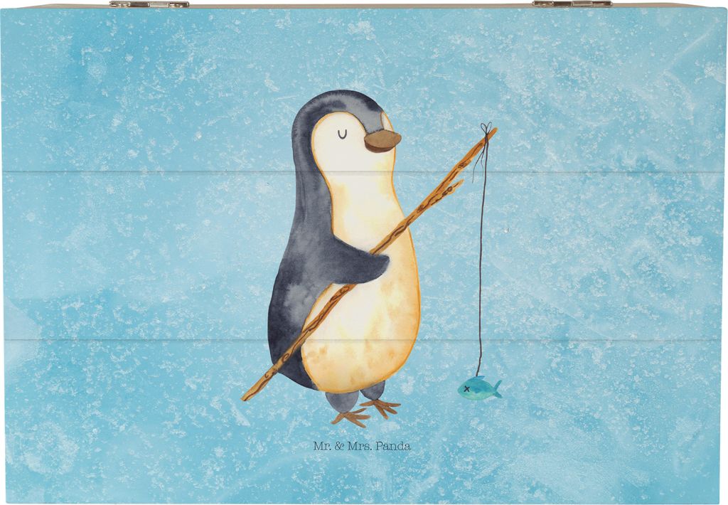 Mr. & Mrs. Panda Geschenkbox Pinguin Angler 22 x 15 cm - Eisblau - Geschenk, Wochenende, Angelurlaub, Schatzkiste, Box, geschenkkiste, Fischer, Hol...