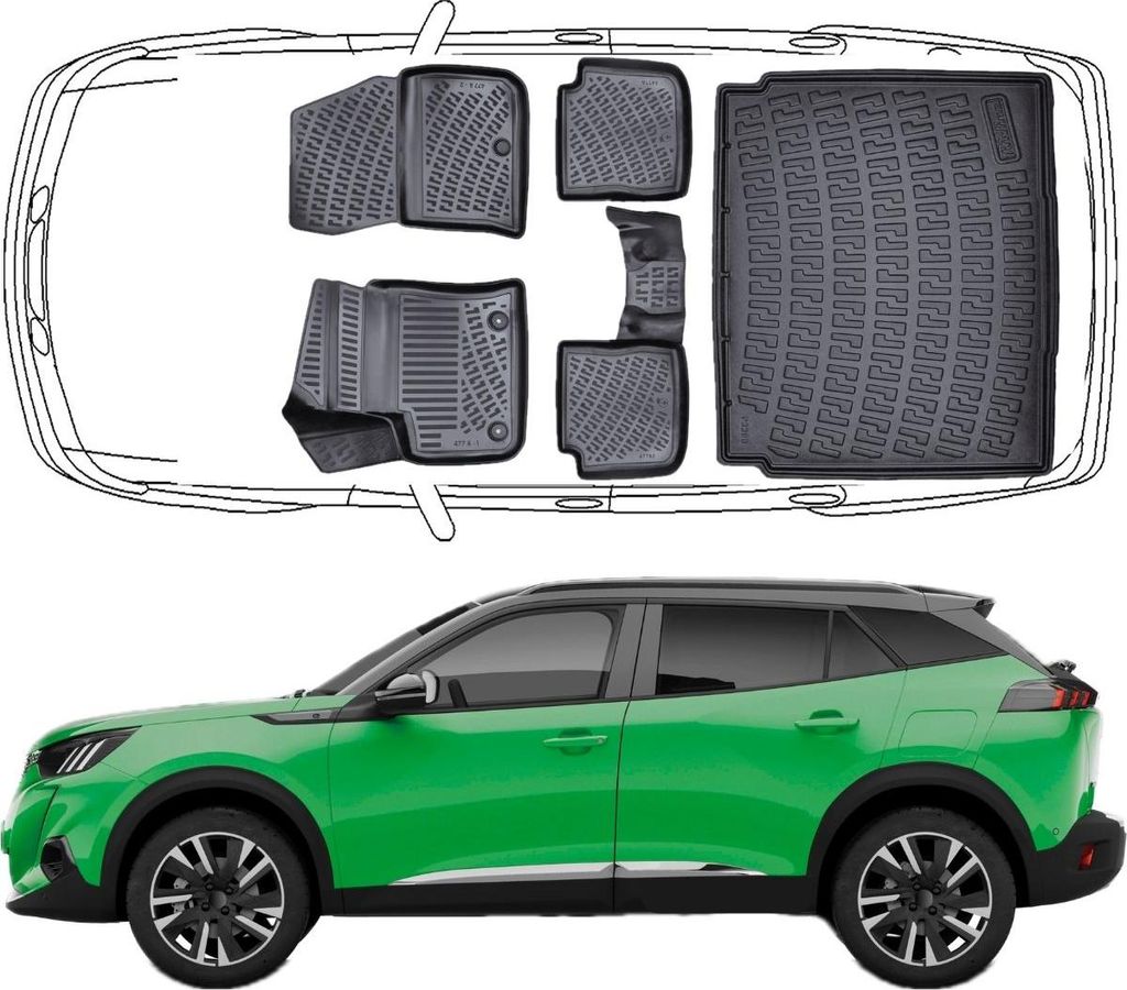 3D Fußmatten & Untere Kofferraumwanne Auto Set Kompatibel mit Peugeot e-2008 ab 2020 Kofferraumwanne
