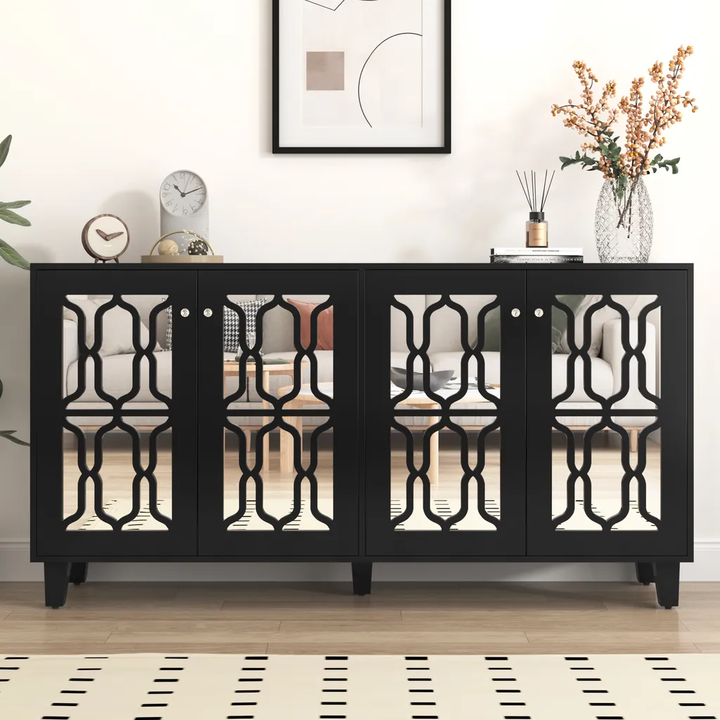 Commode à motif géométrique Trellis et façade miroir graphique noire