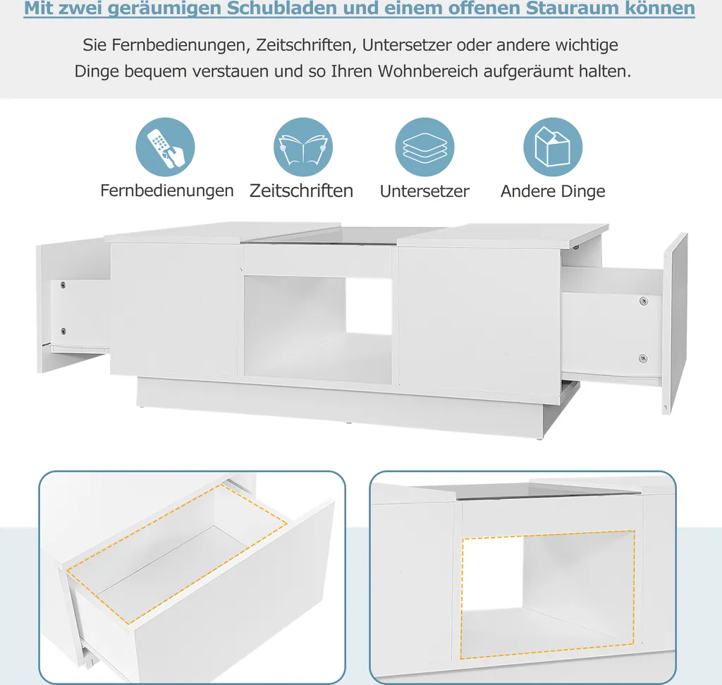 Table Basse Blanche avec LED Multicolores APP et 2 Tiroirs de Rangement - 5