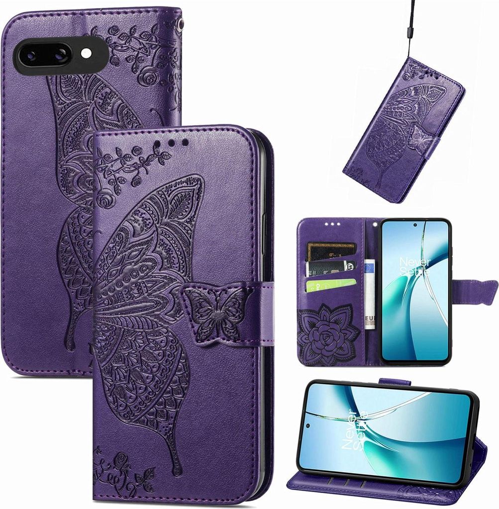 Für Google Pixel 9a Kunstleder Wallet Handy Tasche Schmetterling Design Hülle Etuis Lila