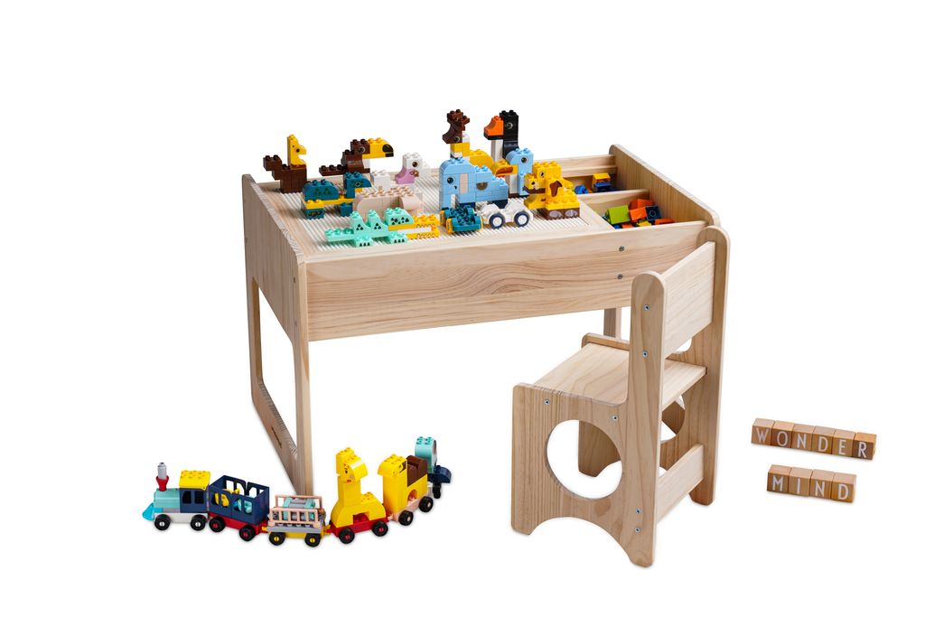 WonderMind Montessori Kinder-Werkbank-Set aus Holz (DUPLO und LEGO kompatibel) im Set inkl. Stuhl, Bauklötze & Schreibset