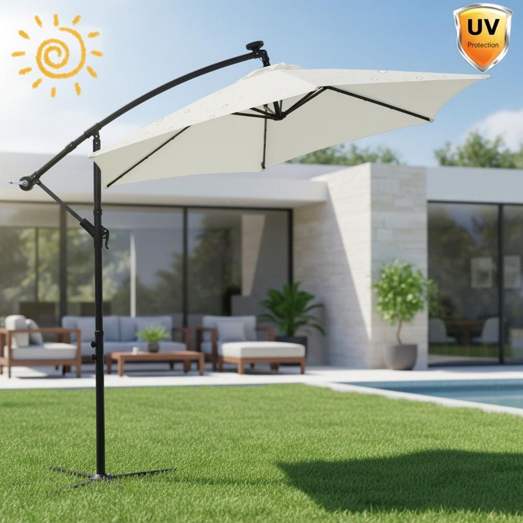 Melko Kurbelschirm Sonnenschirm Garten Terrasse Sonnenschutz - Beige mit LED 3 m