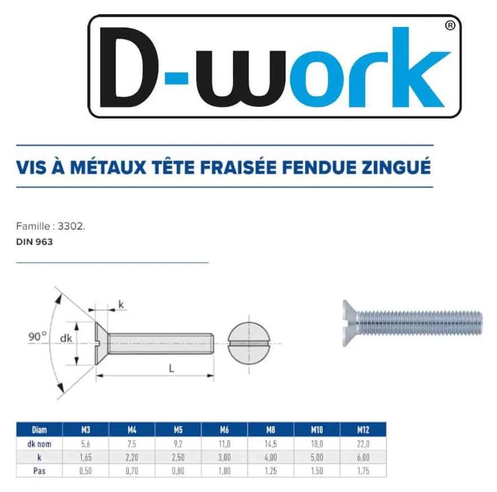 Vis Métaux DIN 963 5x25 mm en Acier Zingué Blanc Tête Fraisée D-Work