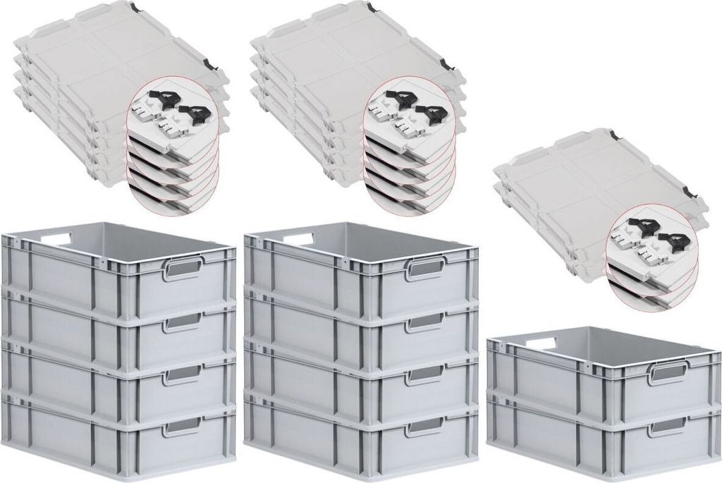 SuperSparSet 10x Eurobox NextGen Economy mit Scharnierdeckel und schwarzen Schiebeschnappverschlüssen | Griffe offen | HxBxT 17x40x60cm | 34 Liter...