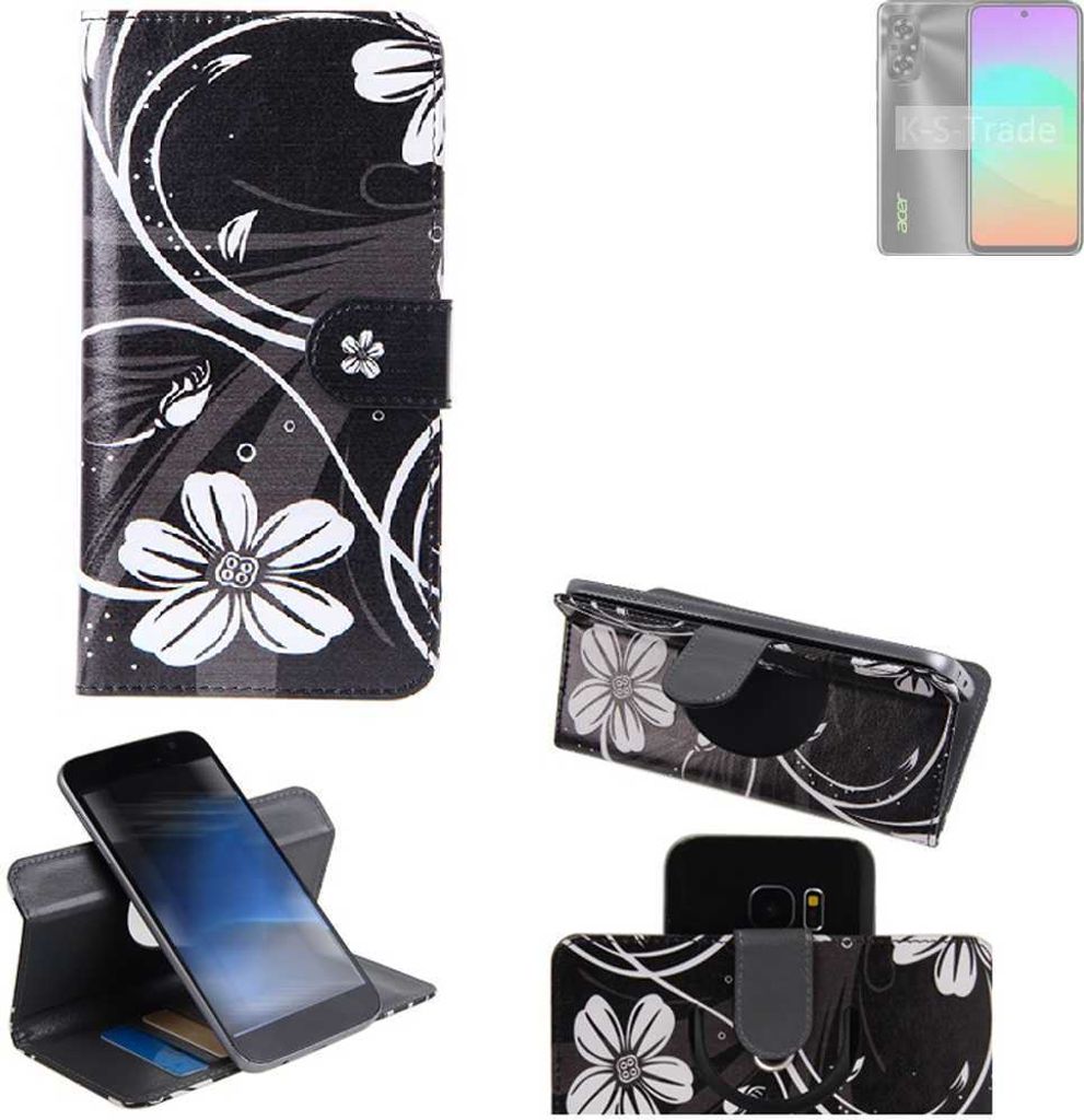 K-S-Trade Schutzhülle Handyhülle kompatibel mit Acer Sospiro AX61 Hülle 360° Wallet Case “Flowers“ Klapphülle Hülle schwarz-weiß 1x