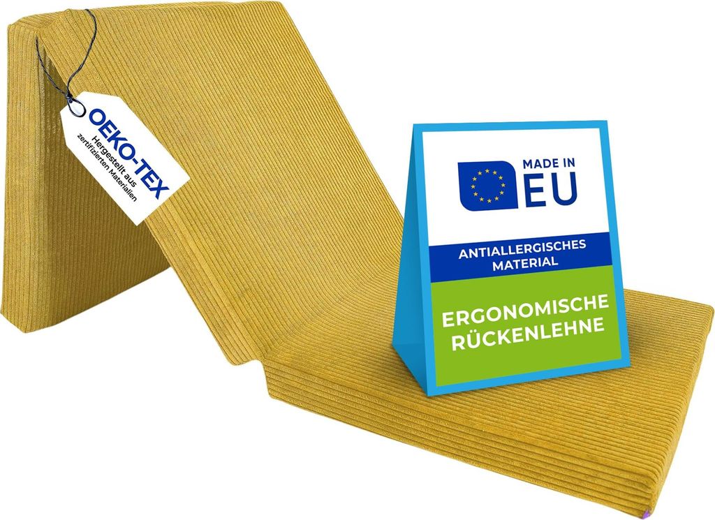 A folded yellow mattress with labels indicating certifications and features.