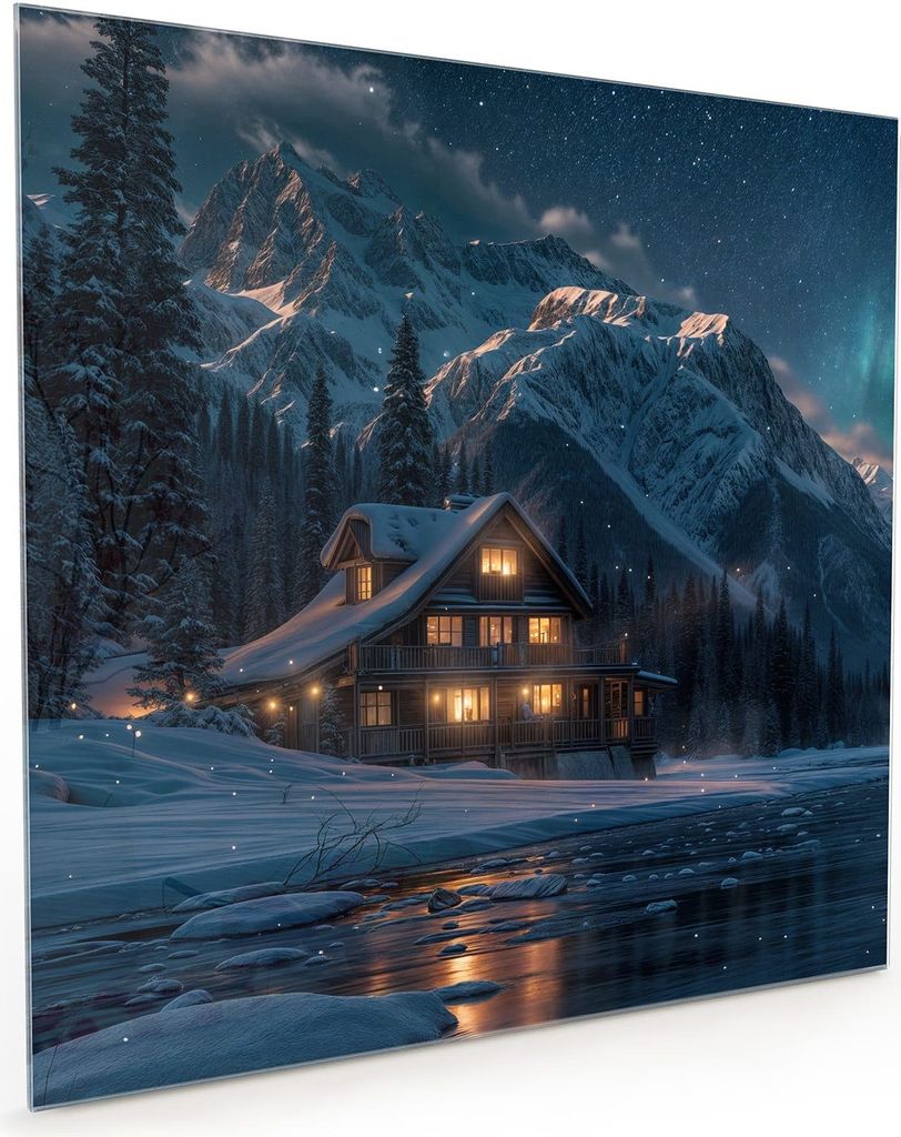 Küchenrückwand Spritzschutz Glas mit Motiv Berghütte im Winter 40 x 40 cm