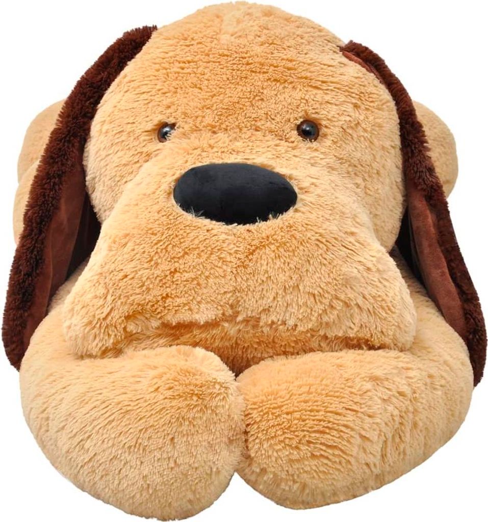 A close-up studio shot of a large, plush toy dog.