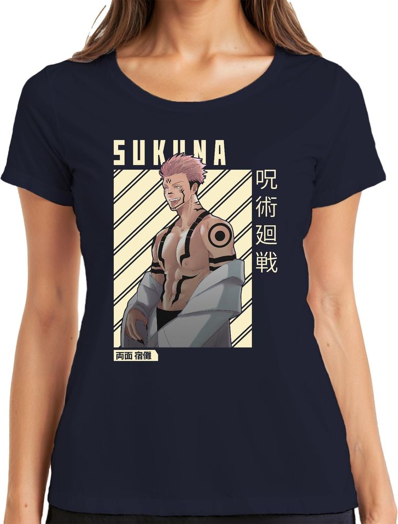 Sukuna Jujutsu Kaisen Ryomen Sukuna Anime Manga Otaku Geschenk Damen T-Shirt, Navy, XL