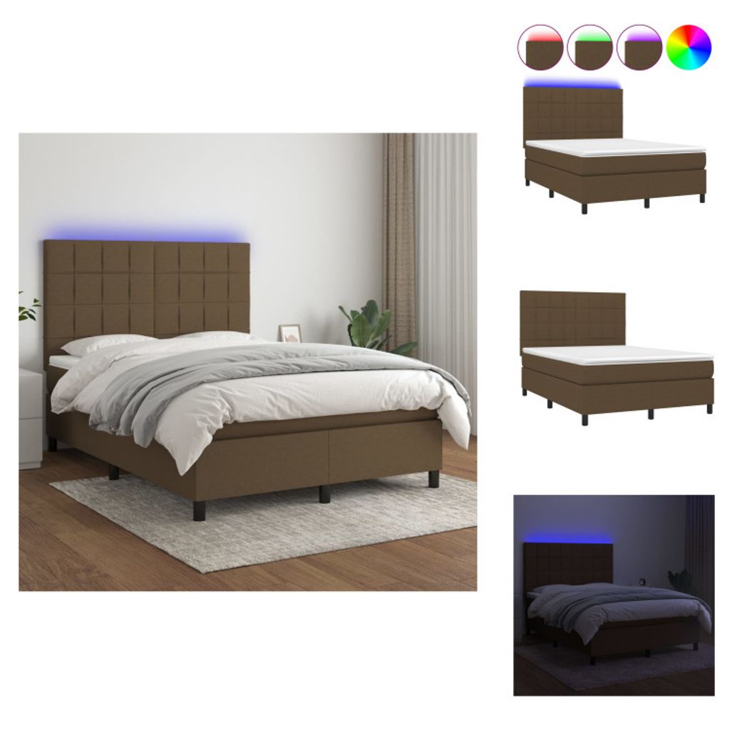vidaXL Boxspringbett mit Matratze & LED Dunkelbraun 140x200 cm Stoff - Betten & Bettgestelle