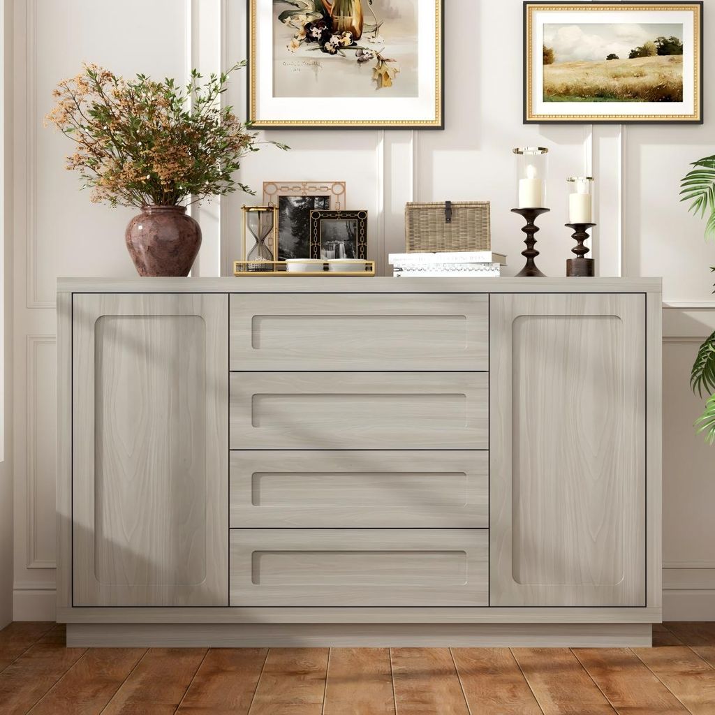 Sideboard mit 4 Schubladen und 2 Türen, Kommode mit Verstellbaren Einlegeböden, für Wohnzimmer, Küchen und Flure, Graue, MDF, 160 × 86 × 40 cm