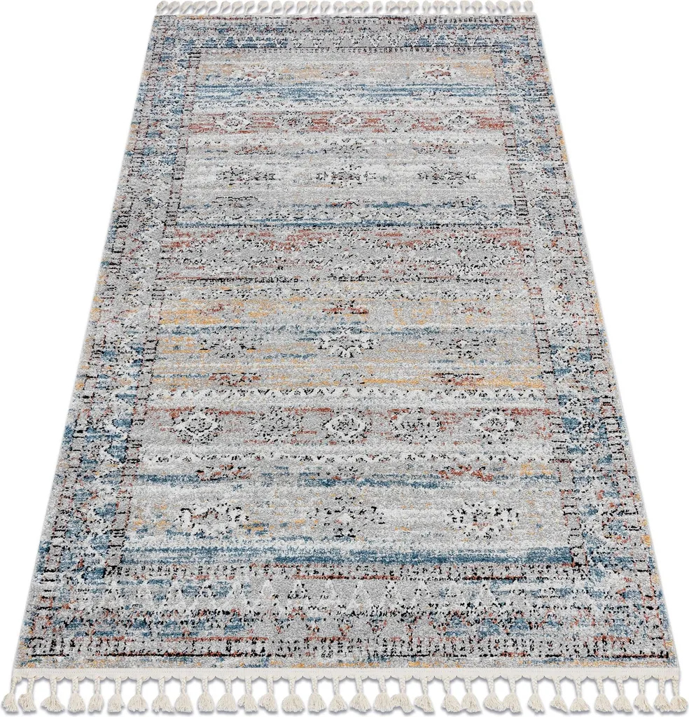 Tapis beige 160x220 cm BELLE BN25A texturé avec finitions pompons bleus
