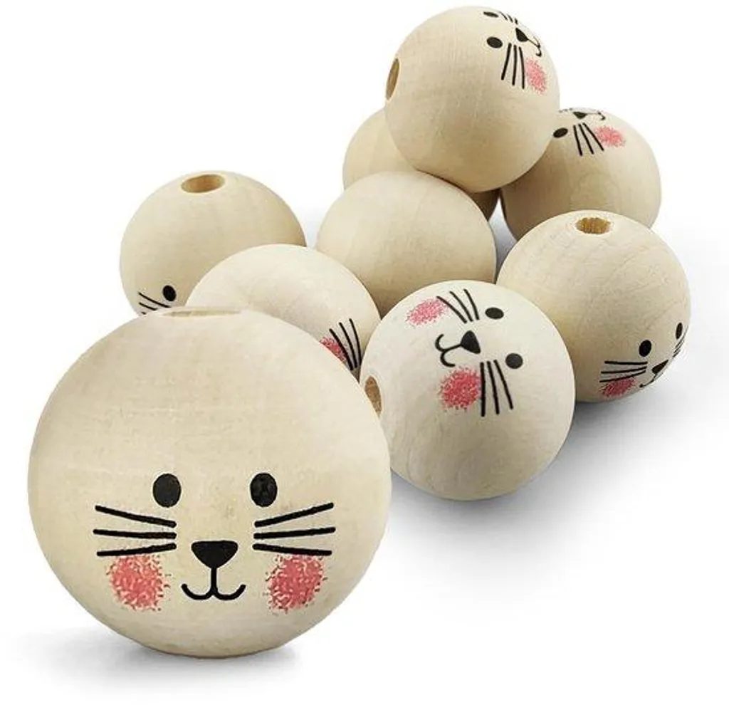 Boules bois tête de chat 30mm gravées pour macramé et perles artisanales