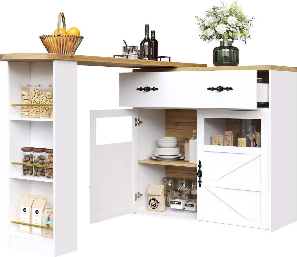 Table de Bar Pivotante 360° Extensible en MDF Blanc avec Rangement - 11
