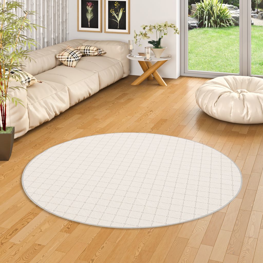 In & Outdoor Teppich Flachgewebe Oslo Hellgrau Karo Modern Rund, Größe:200 cm Rund