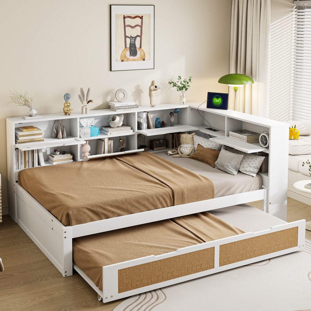 Odikalo Ausziehbett Kinderbett Daybett Schlafsofa Unterbett Staufächern USB-Lade 140x200cm Weiss