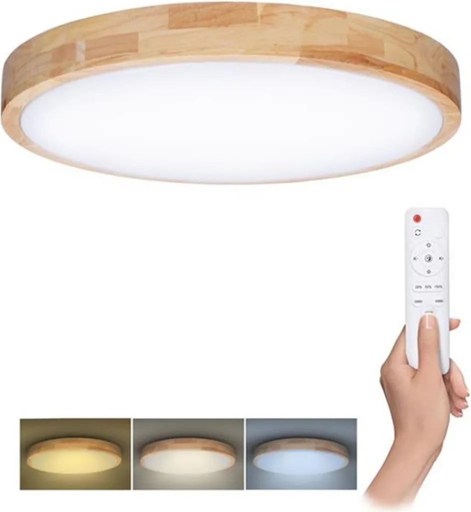 Plafonnier LED CCT 32/60W Bois Naturel Rond 505mm Intensité Modulable