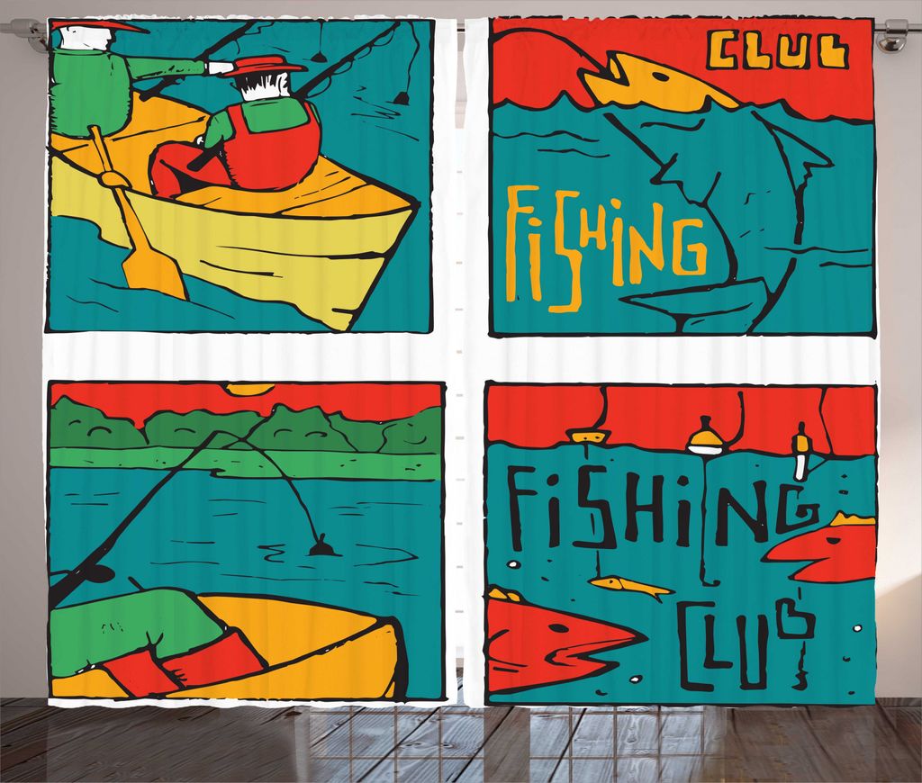 ABAKUHAUS Gone Fishing Rustikaler Vorhang, Comic-Art Hobby Club, Wohnzimmer Universalband Gardinen mit Schlaufen und Haken, 280 x 245 cm, Mehrfarbig