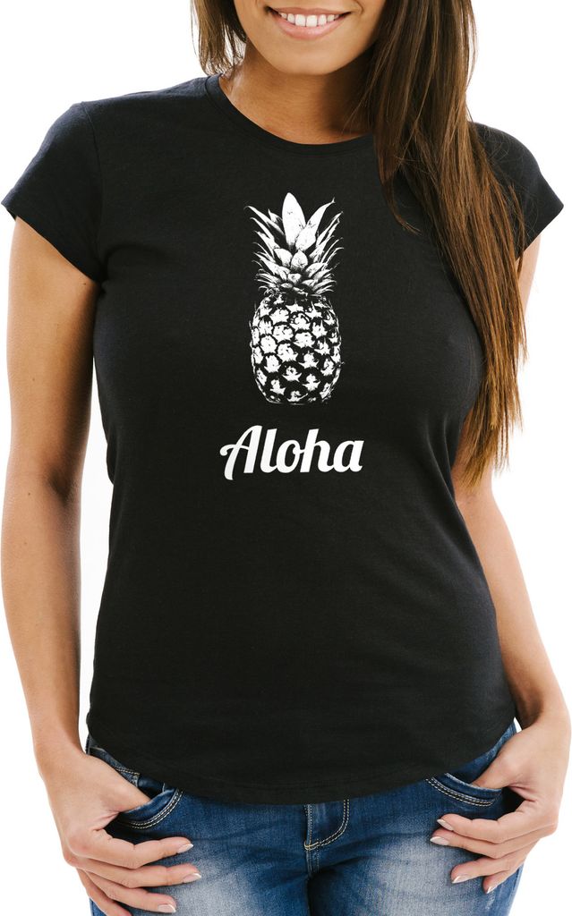 Damen T-Shirt Aloha Ananans Pineapple Slim Fit Moonworks schwarz XL