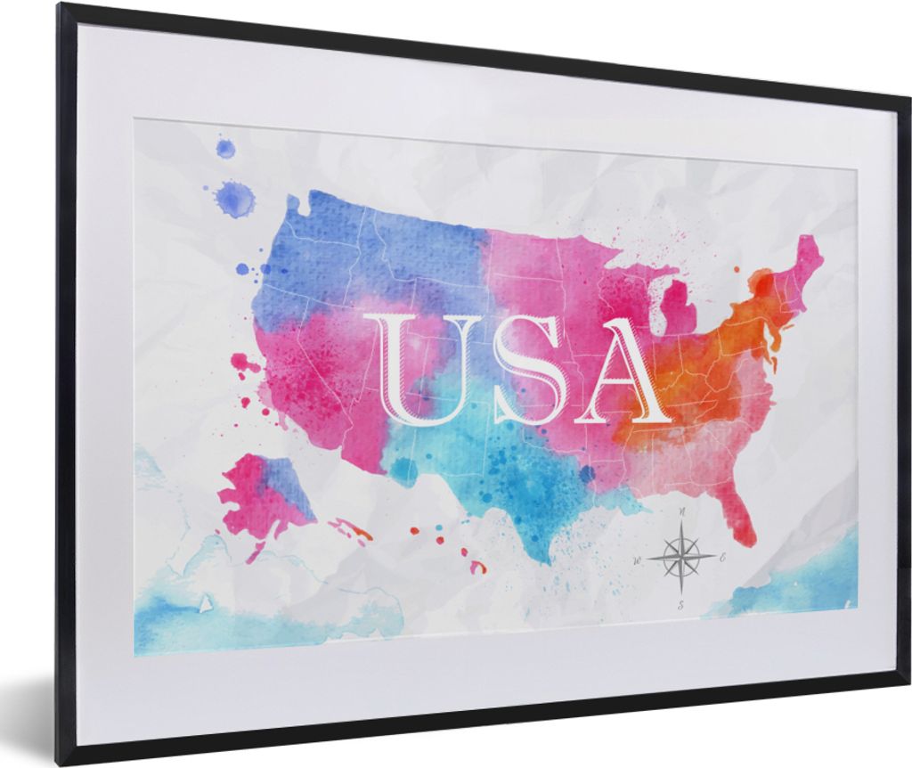 MuchoWow MuchoWow Gerahmtes Poster Amerika - Weltkarte - Aquarell 60x40 cm - Poster mit zchwarzem Bilderrahmen - Schlafzimmer - Plakat in Rahme...