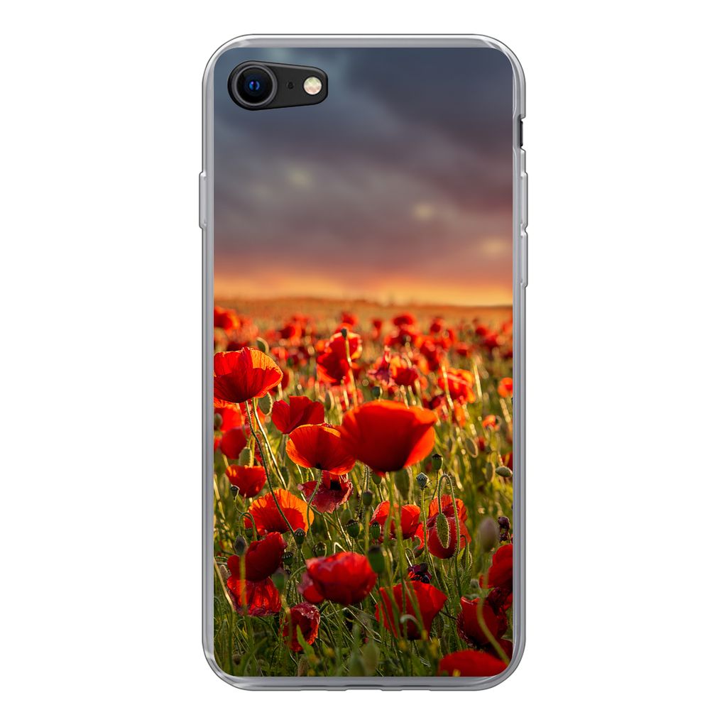 MuchoWow Handyhülle Schutzhülle Hülle für iPhone SE 2022 Sonnenuntergang über einem Feld von Mohnblumen Silikon Softcase Handy Hülle - Schu...