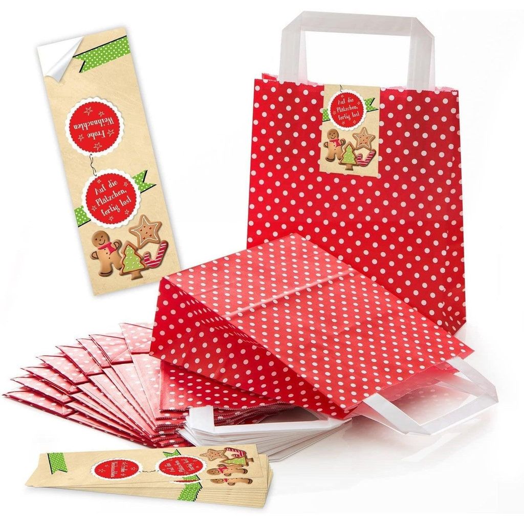 5 rot weiß gepunktete Papiertüten HEILIGER NIKOLAUS Geschenk-tüten Weihnachtstüten Boden 18 x 8 x 22 cm kleine Papiertaschen + Aufkleber rot we...