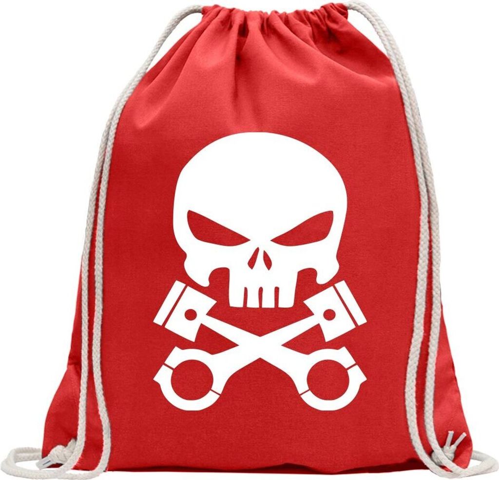 Kiwistar - Turnbeutel - rot - Kolben Skull Schädel - Fun Rucksack Sport Beutel Gymsack Baumwolle mit Ziehgurt