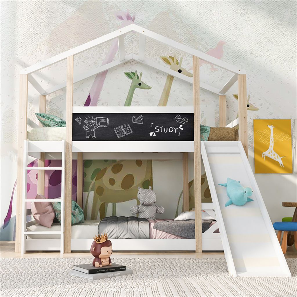 Etagenbett Kinderbett Baumhaus mit Rutsche & Leiter 90 x 200 cm, Hochbett für Kinder– 2x Lattenrost- Natur & Weiß
