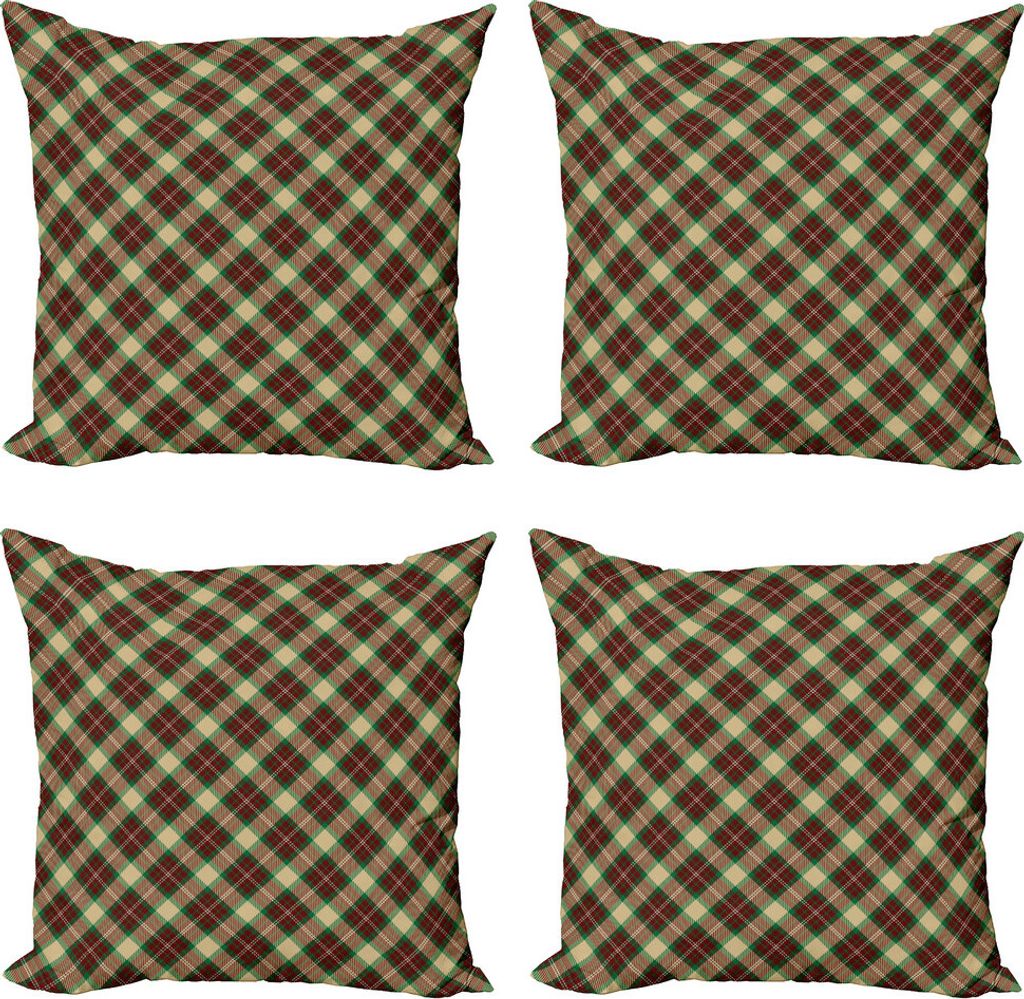 ABAKUHAUS Plaid Kissenbezug Set (4 Stück), Diagonal Squares Klassik, Moderner Doppelseitiger Digitaldruck, 50 cm x 50 cm, Beige Grün Rubin