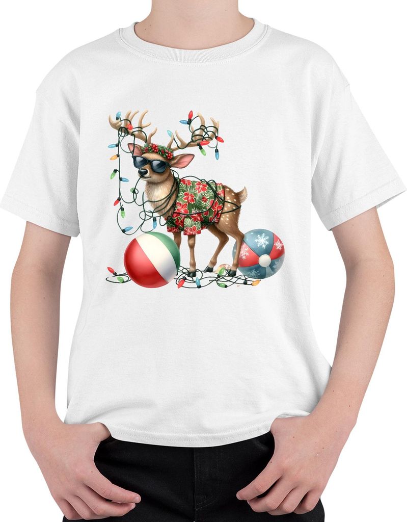 Lustiges Rentier Hawaii Hemd Weihnachten Sonnenbrille Beachball Uni Kinder T-Shirt, Weiß, 116
