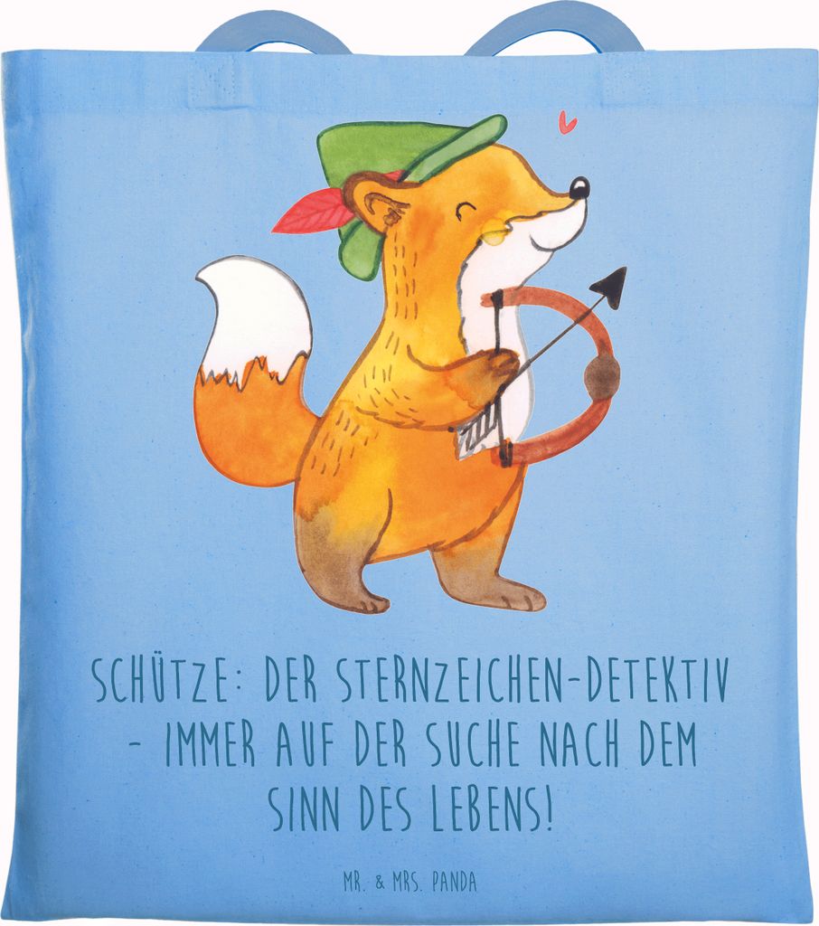 Mr. & Mrs. Panda Beutel Schützenblick - Sky Blue - Geschenk, totebag, Illustrationen, Geschenke Sternzeichen, philosophisch, Uni Tasche, Laptoptas...