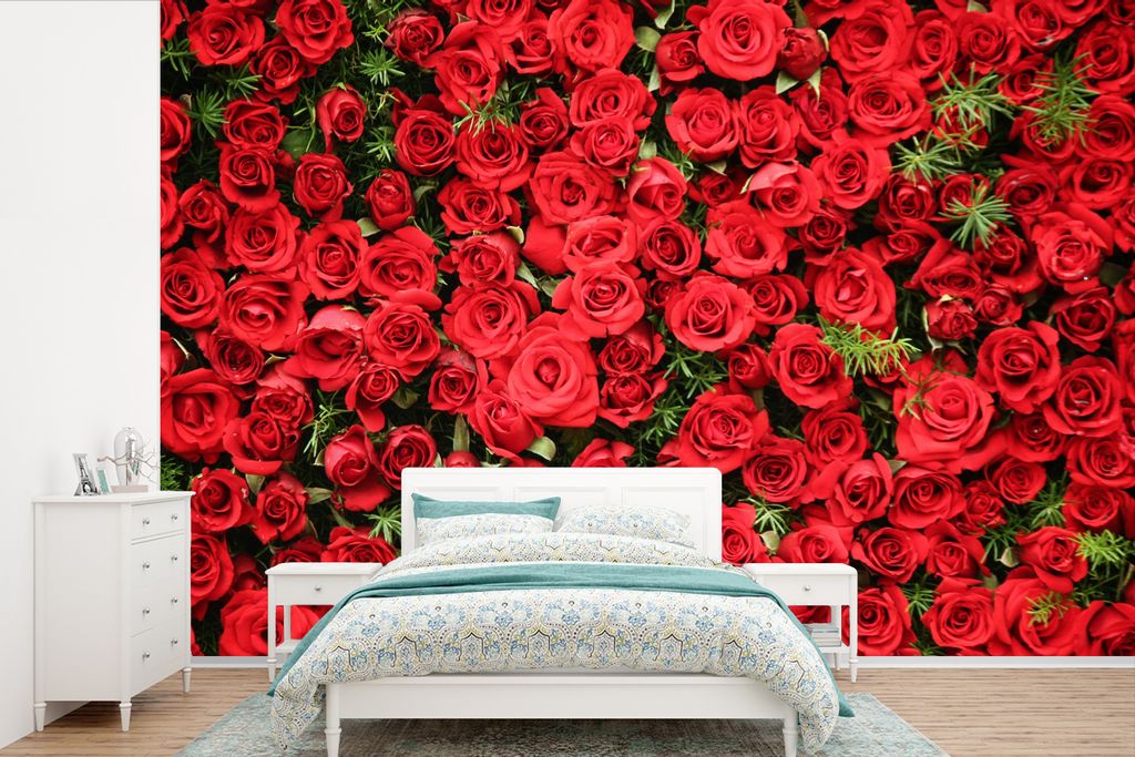 MuchoWow Fototapete für Wohnzimmer oder Schlafzimmer Wandtapete Vinyl Motivtapete Rosen - Rot - Strauch - 525x350 cm - Das Hintergrundbild