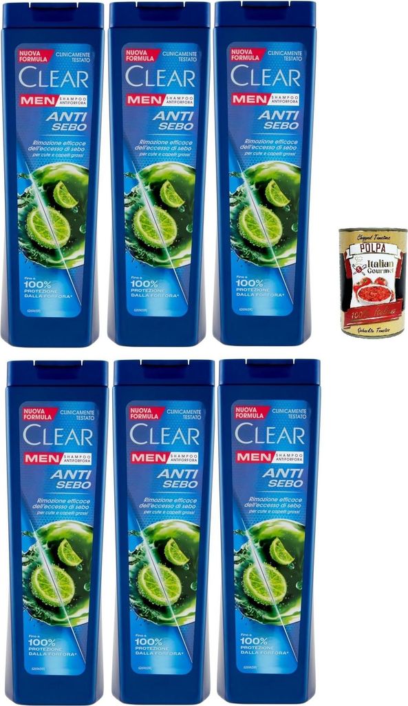 Clear ANTI SEBO Men Shampoo für Haare und Fettige Kopfhaut - Anti-Talg-Shampoo 6x 225ml + Italian Gourmet polpa 400g