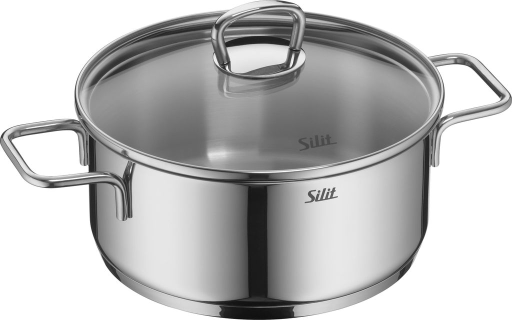 A stainless steel pot with a glass lid.