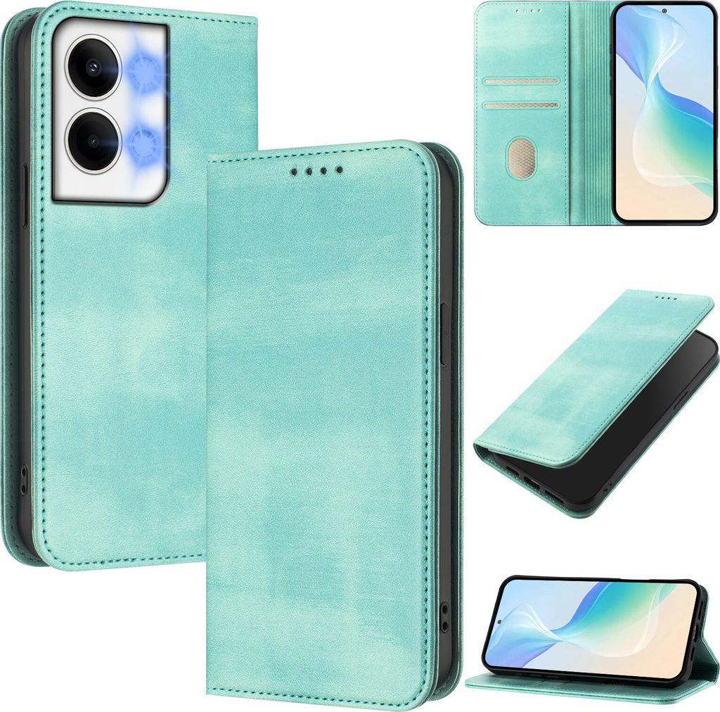 Handyhülle für Oppo Reno9 / Reno9 Pro, Vintage Leder RFID Schutz Kartenfach Standfunktion Magnetische Klapphülle Türkis