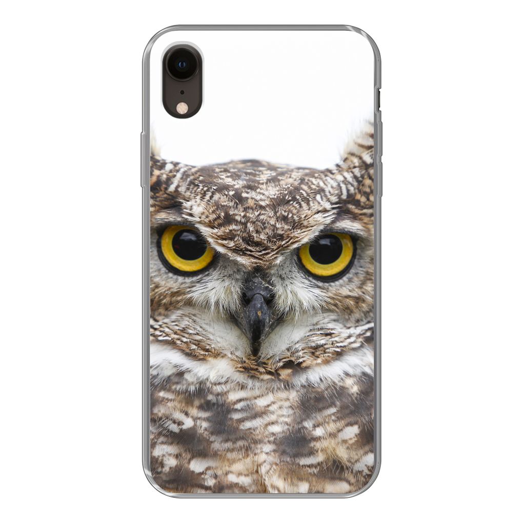 MuchoWow Handyhülle Schutzhülle Hülle für iPhone XR Porträt einer braunen Eule auf weißem Hintergrund Silikon Softcase Handy Hülle - Schut...