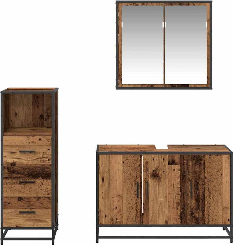 (Robust Möbel) Badezimmermöbel-Set mit Schubladen 3 pcs - Montage erforderlich - Altholz Holzwerkstoff - CL270458 - Badezimmerschränke